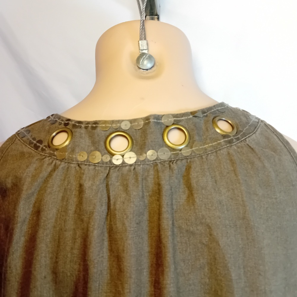 Signal Linen Sequin Studded Grommet Sleeveless Top Olive Green Bohemian Work XL - Picture 13 of 16